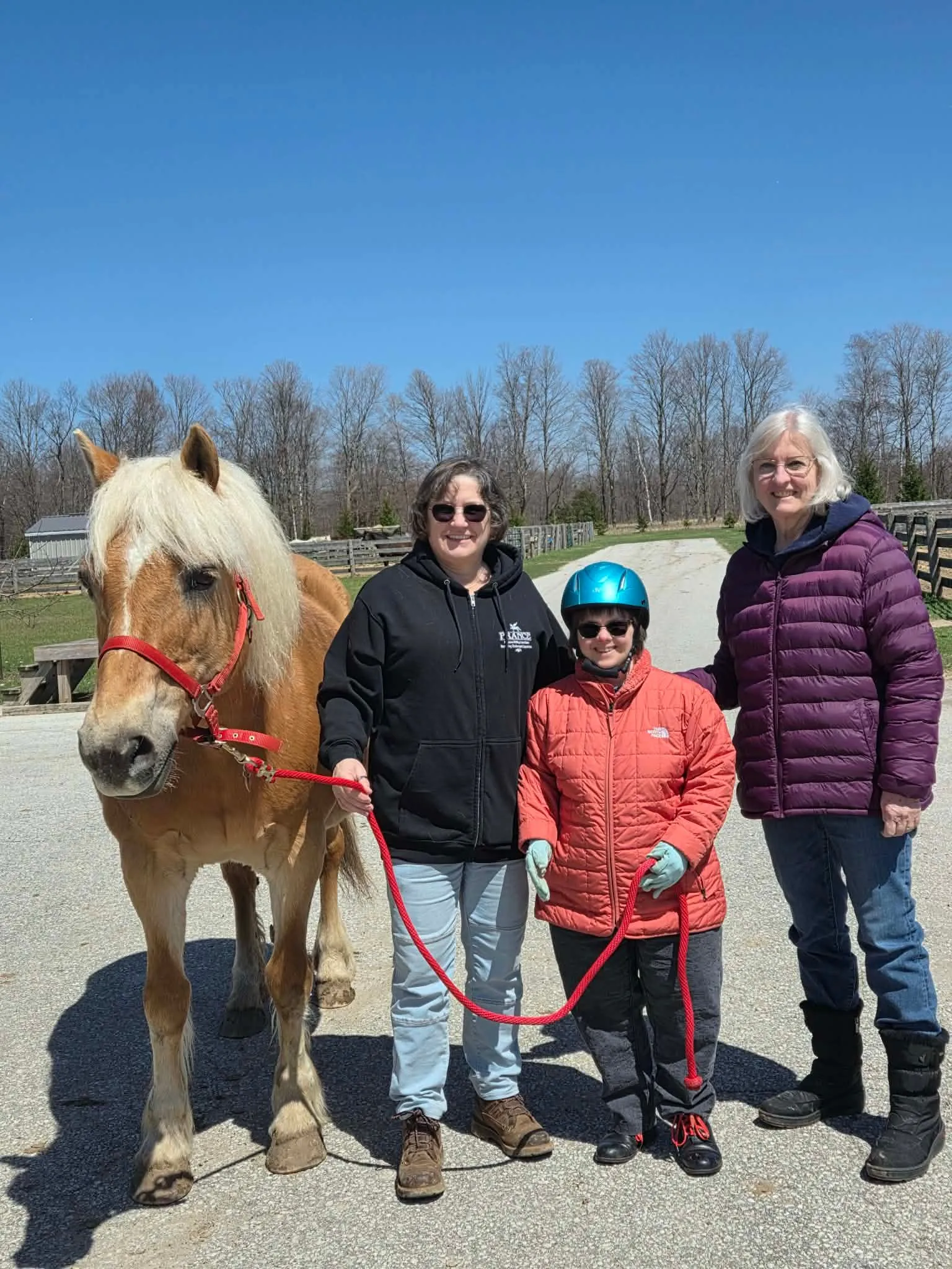 Three people with a blonde pony under a blue sky on a sunny spring day